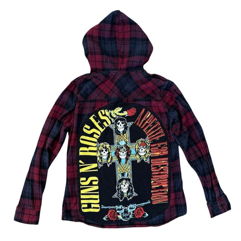 GUNS ‘N ROSES 80s Rock Retro Vintage Upcycled Plaid Hooded Flannel Kids Shirt M - Picture 6 of 11